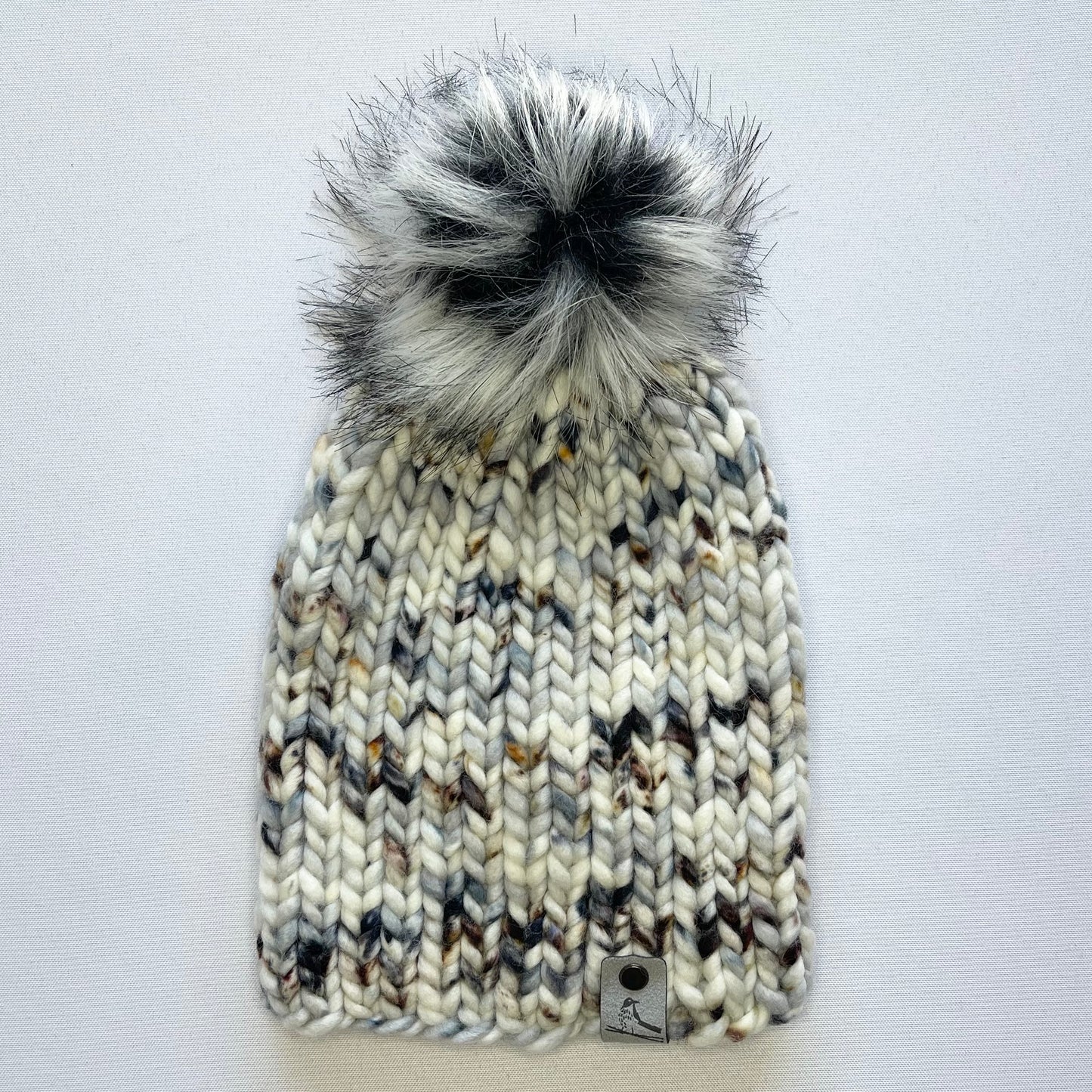 White Multi-Color Merino Wool Knit Hat with Faux Fur Pom Pom