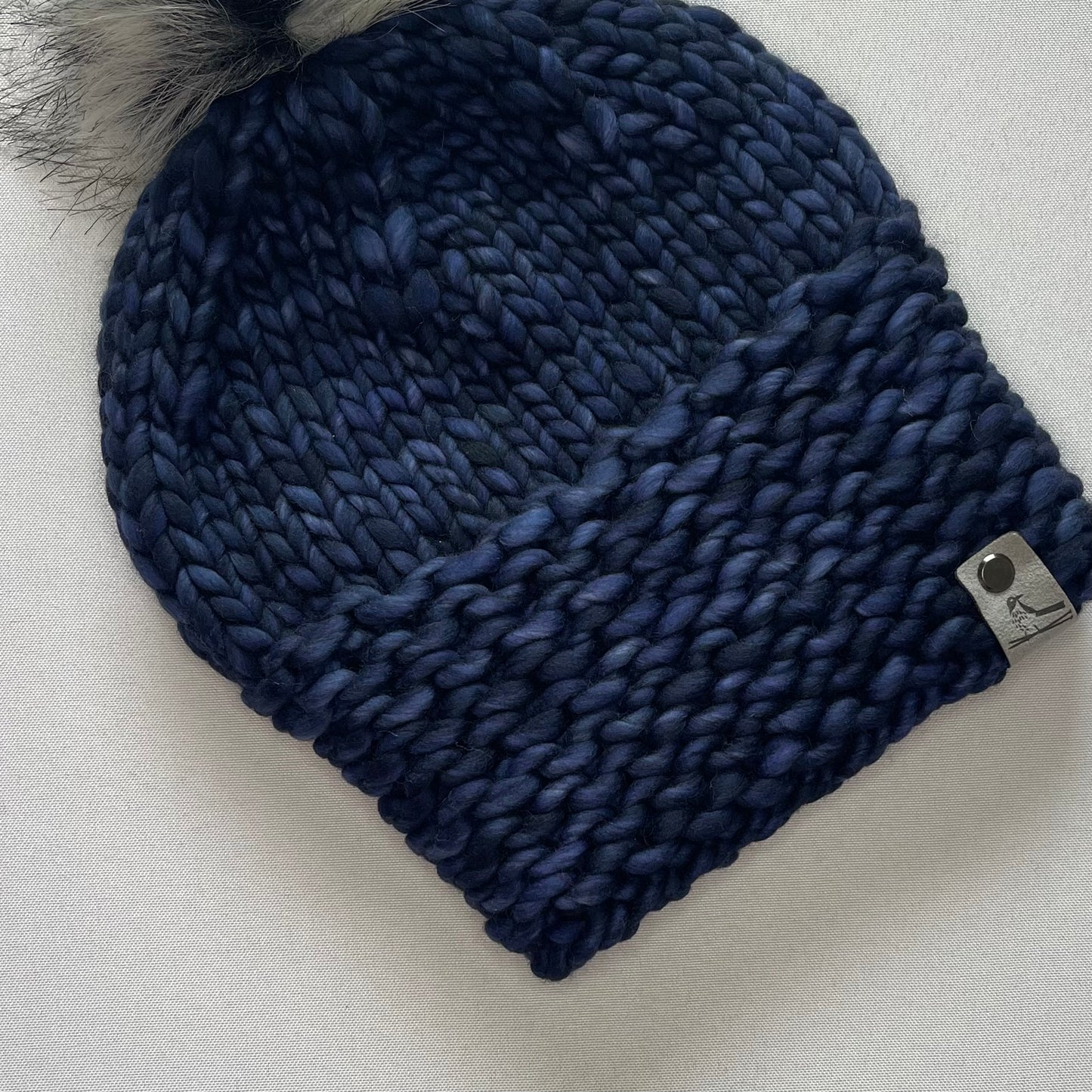 Navy Luxury Merino Wool Knit Hat with Faux Fur Pom Pom