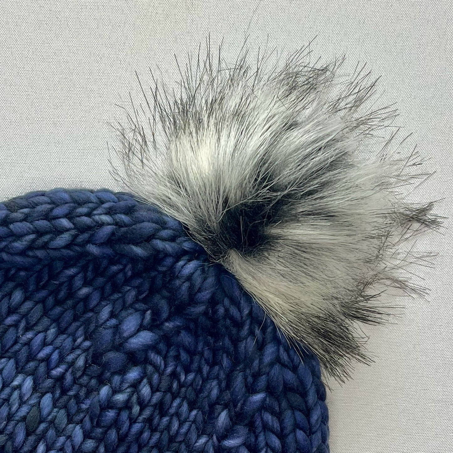 Navy Luxury Merino Wool Knit Hat with Faux Fur Pom Pom