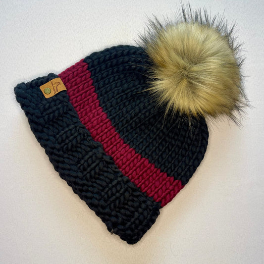 Black and Red Peruvian Wool Knit Hat with Extra Large Faux Fur Pom Pom