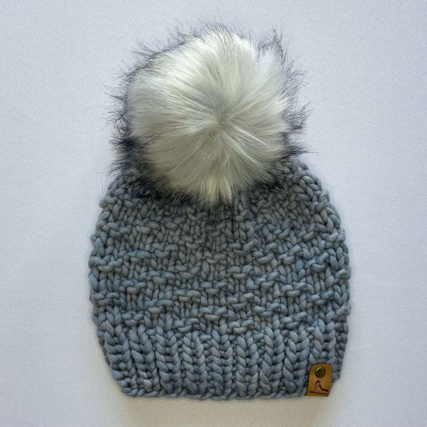 Grey Luxury Merino Wool Knit Hat with Extra Large Faux Fur Pom Pom