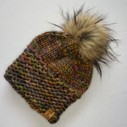 Brown Multi Color Luxury Merino Wool Knit Hat with Faux Fur Pom Pom