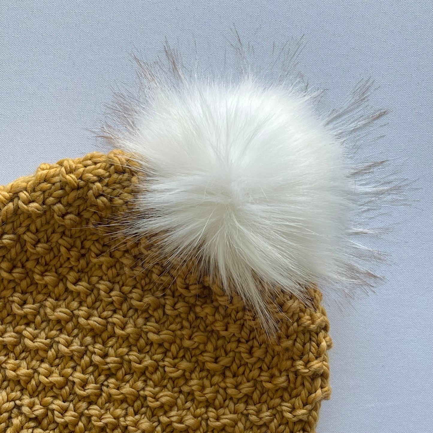 Yellow Ochre Knit Hat with Faux Fur Pom Pom