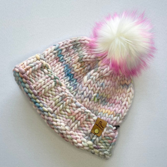 Pastel Rainbow Peruvian Wool Knit Hat with Faux Fur Pom Pom