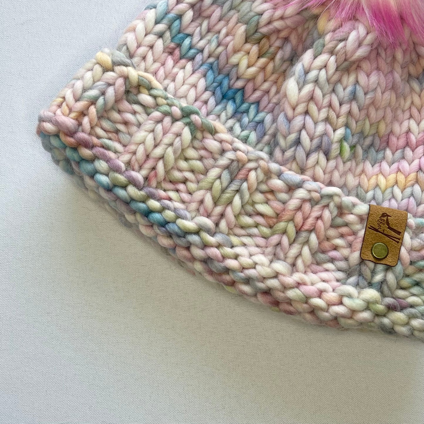 Pastel Rainbow Peruvian Wool Knit Hat with Faux Fur Pom Pom