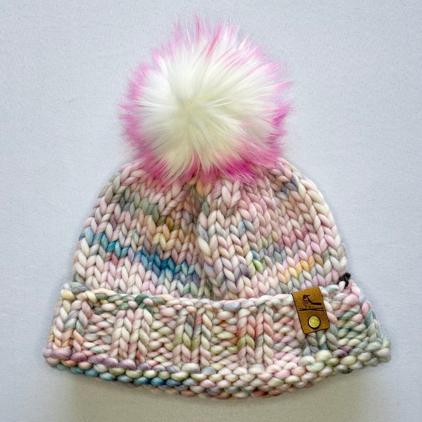 Pastel Rainbow Peruvian Wool Knit Hat with Faux Fur Pom Pom