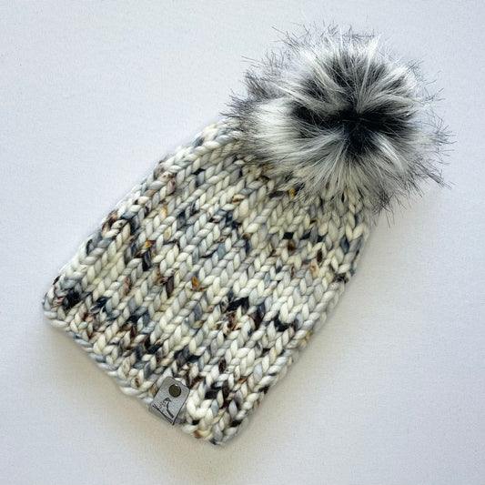 White Multi-Color Merino Wool Knit Hat with Faux Fur Pom Pom