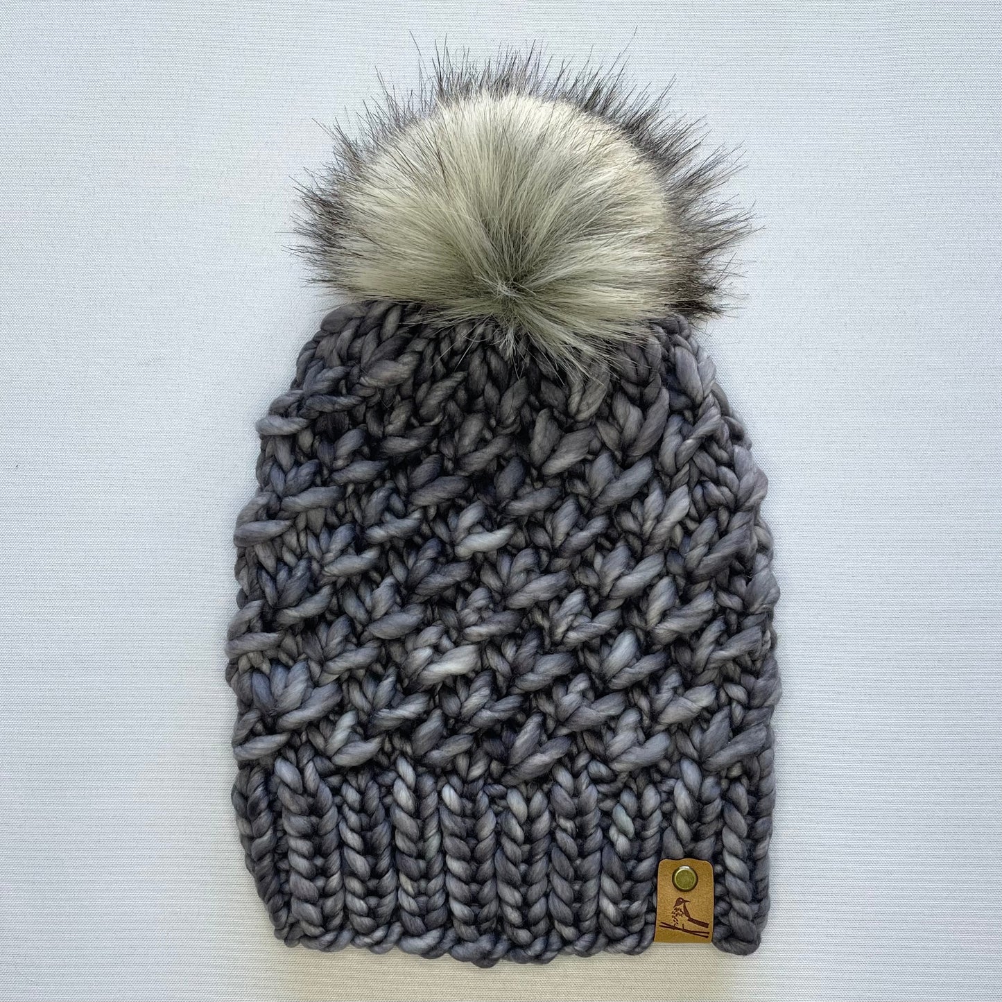 Grey Luxury Merino Wool Knit Hat with Faux Fur Pom Pom