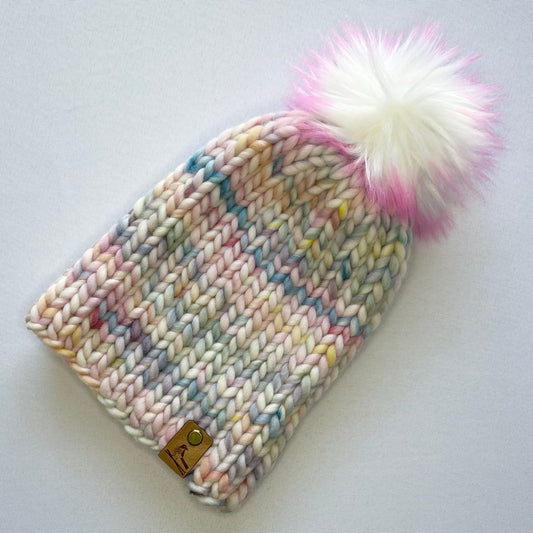 Pastel Rainbow Peruvian Wool Knit Hat with Faux Fur Pom Pom