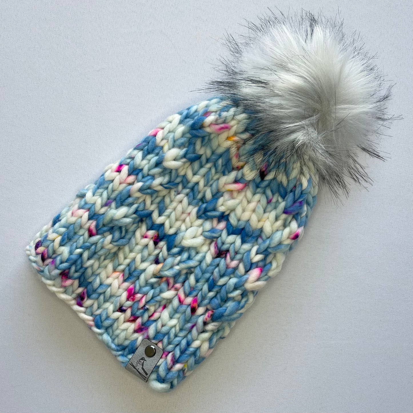 Blue and White Merino Wool Knit Hat with Faux Fur Pom Pom