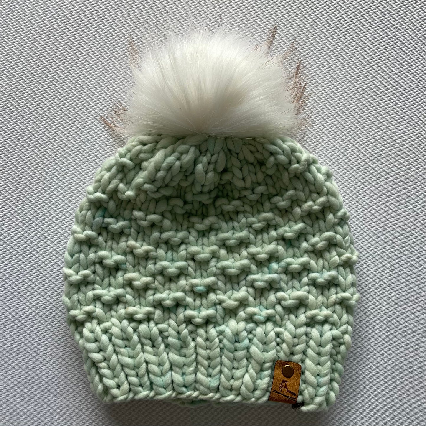 Mint Green Luxury Merino Wool Knit Hat with Faux Fur Pom Pom