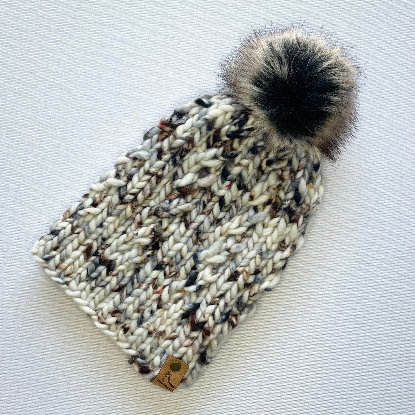 White Multi-Color Merino Wool Knit Hat with Faux Fur Pom Pom