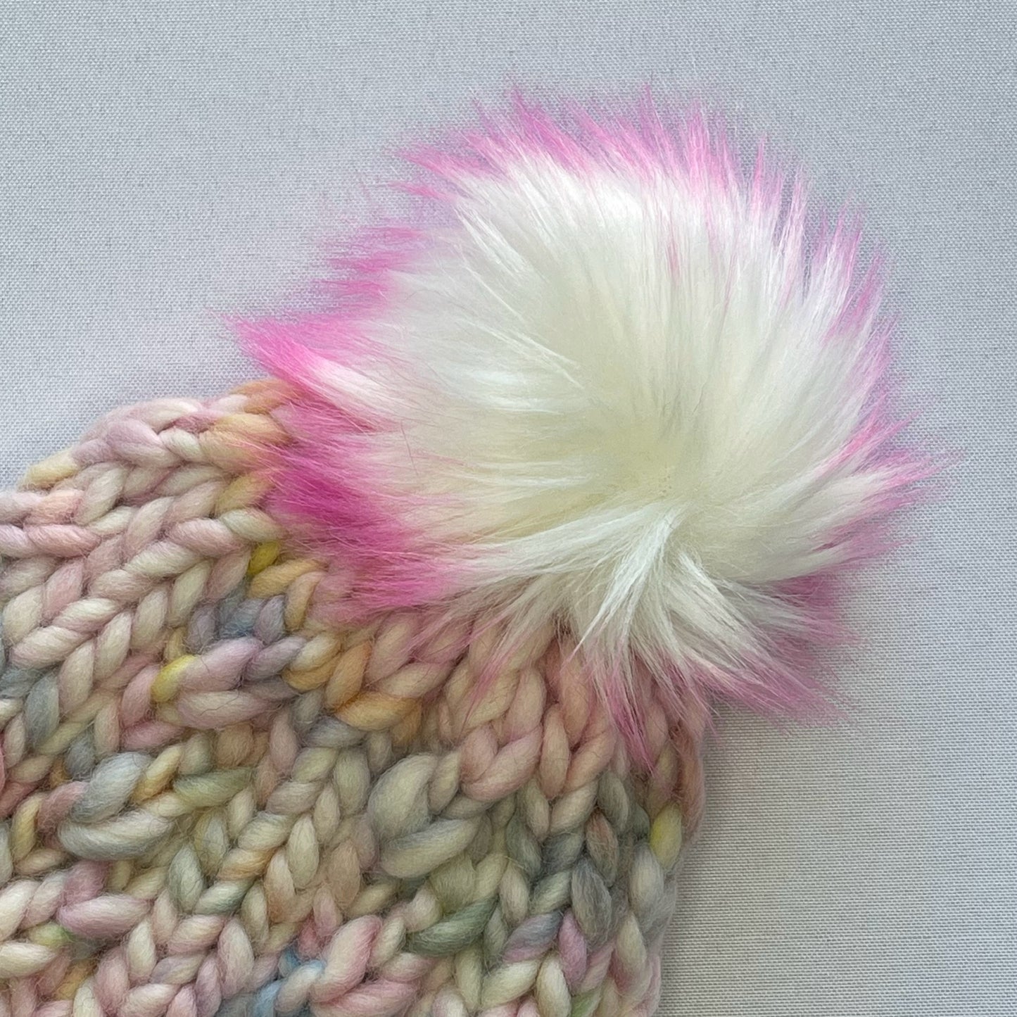 Pastel Rainbow Peruvian Wool Knit Hat with Faux Fur Pom Pom