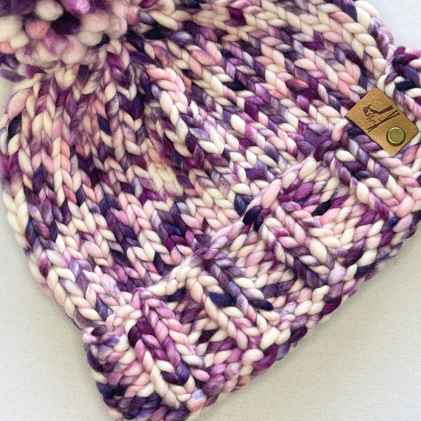 Purple and White Luxury Merino Wool Knit Hat with Matching Merino Wool Pom Pom