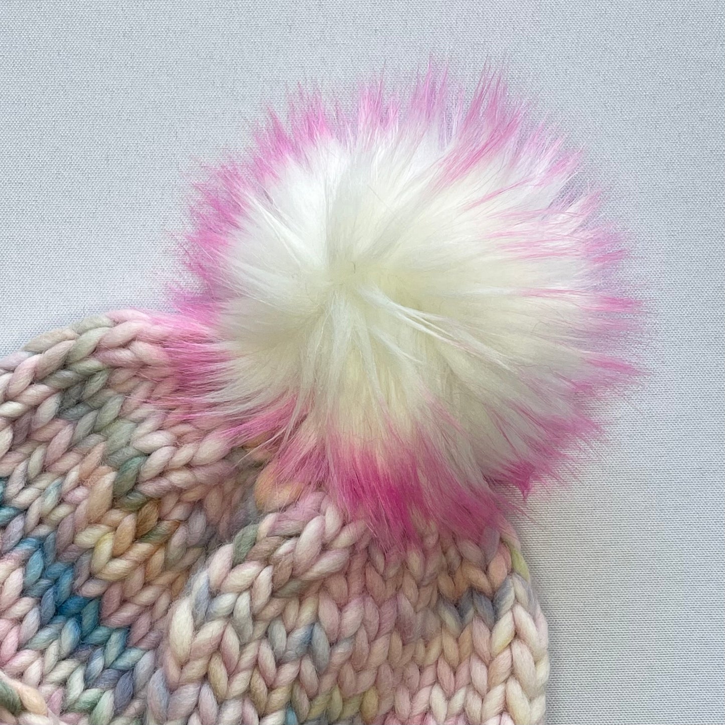 Pastel Rainbow Peruvian Wool Knit Hat with Faux Fur Pom Pom