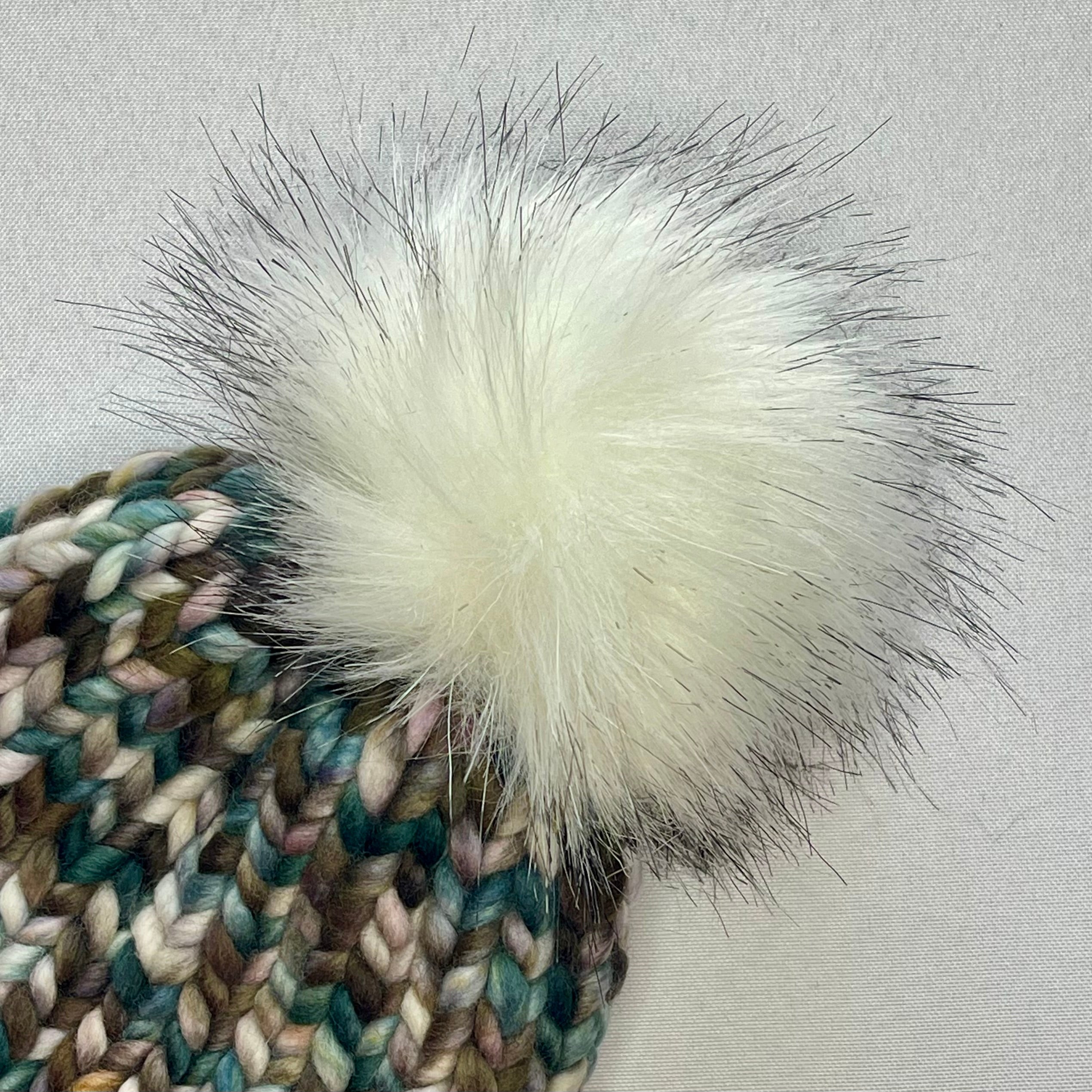 Merino wool hand outlets knitted beanie hat with lux faux fur pom women teen