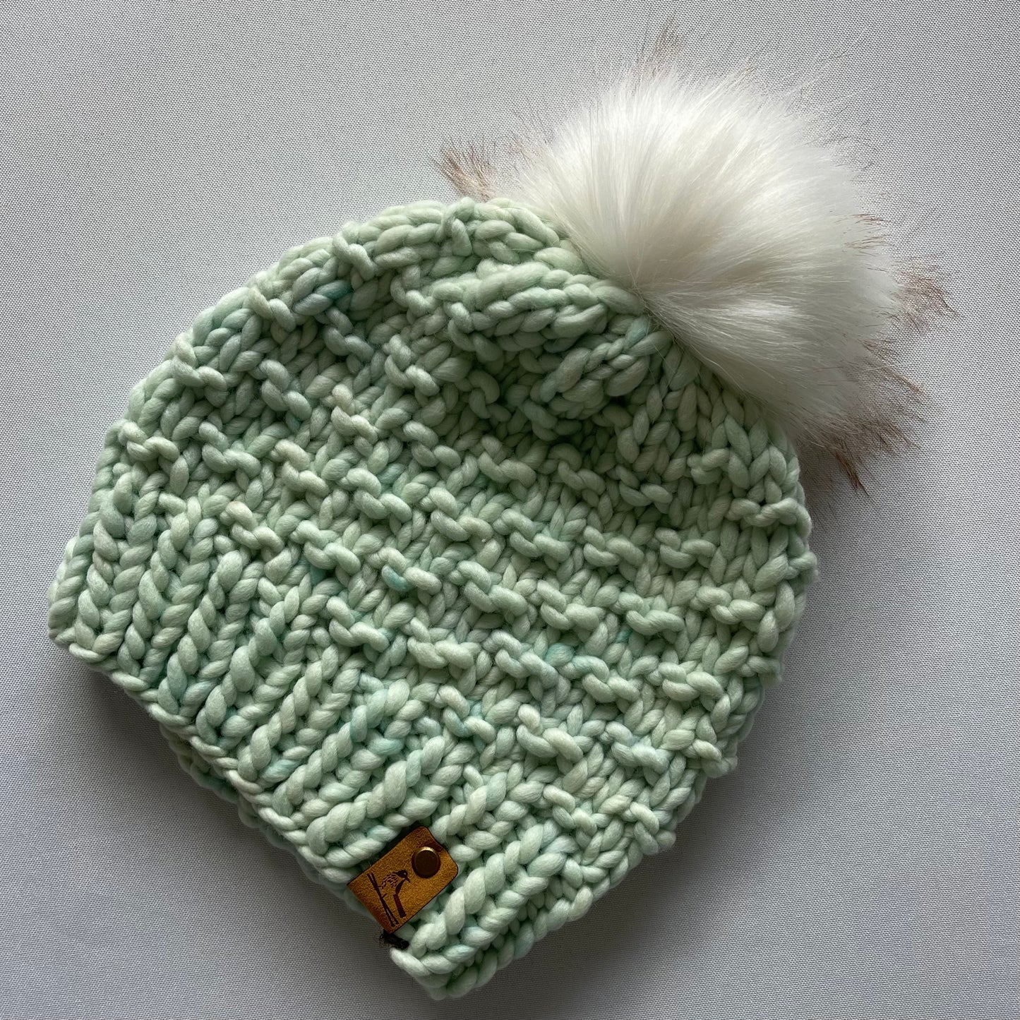 Mint Green Luxury Merino Wool Knit Hat with Faux Fur Pom Pom