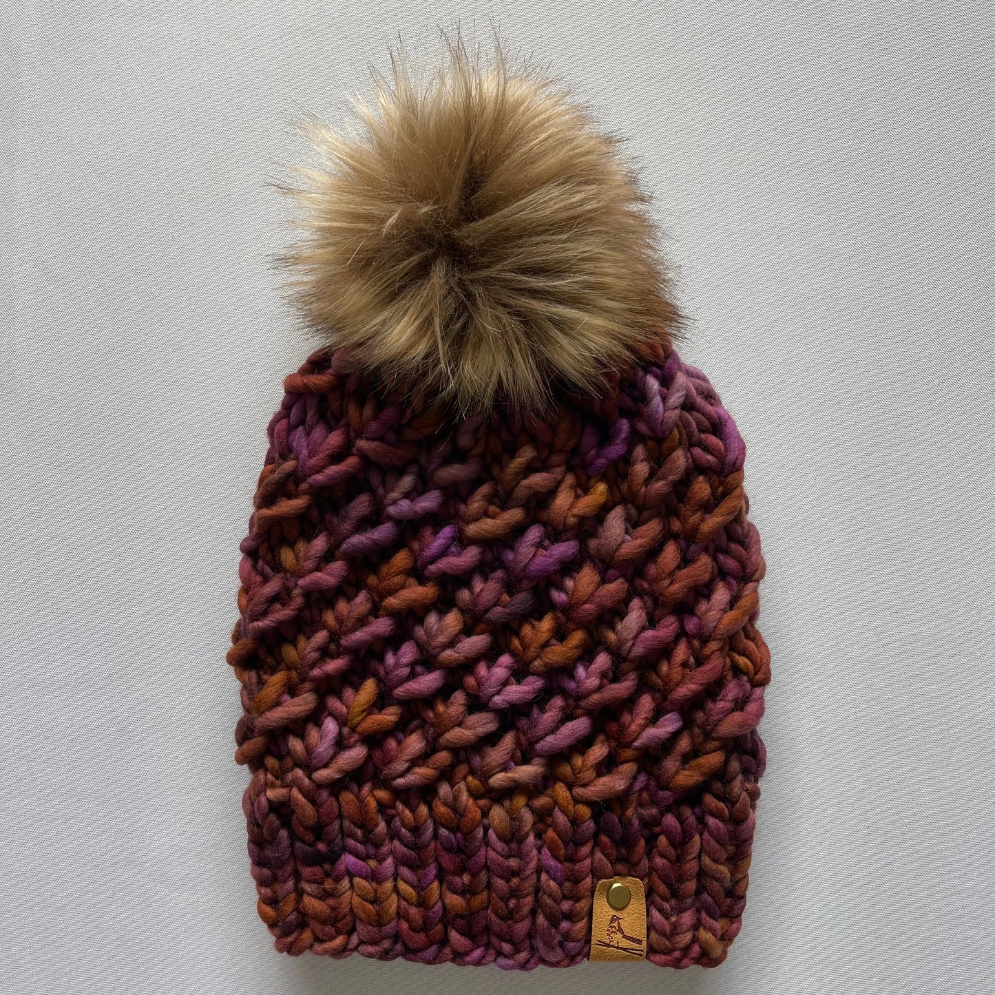 Brown and Purple Luxury Merino Wool Knit Hat with Faux Fur Pom Pom