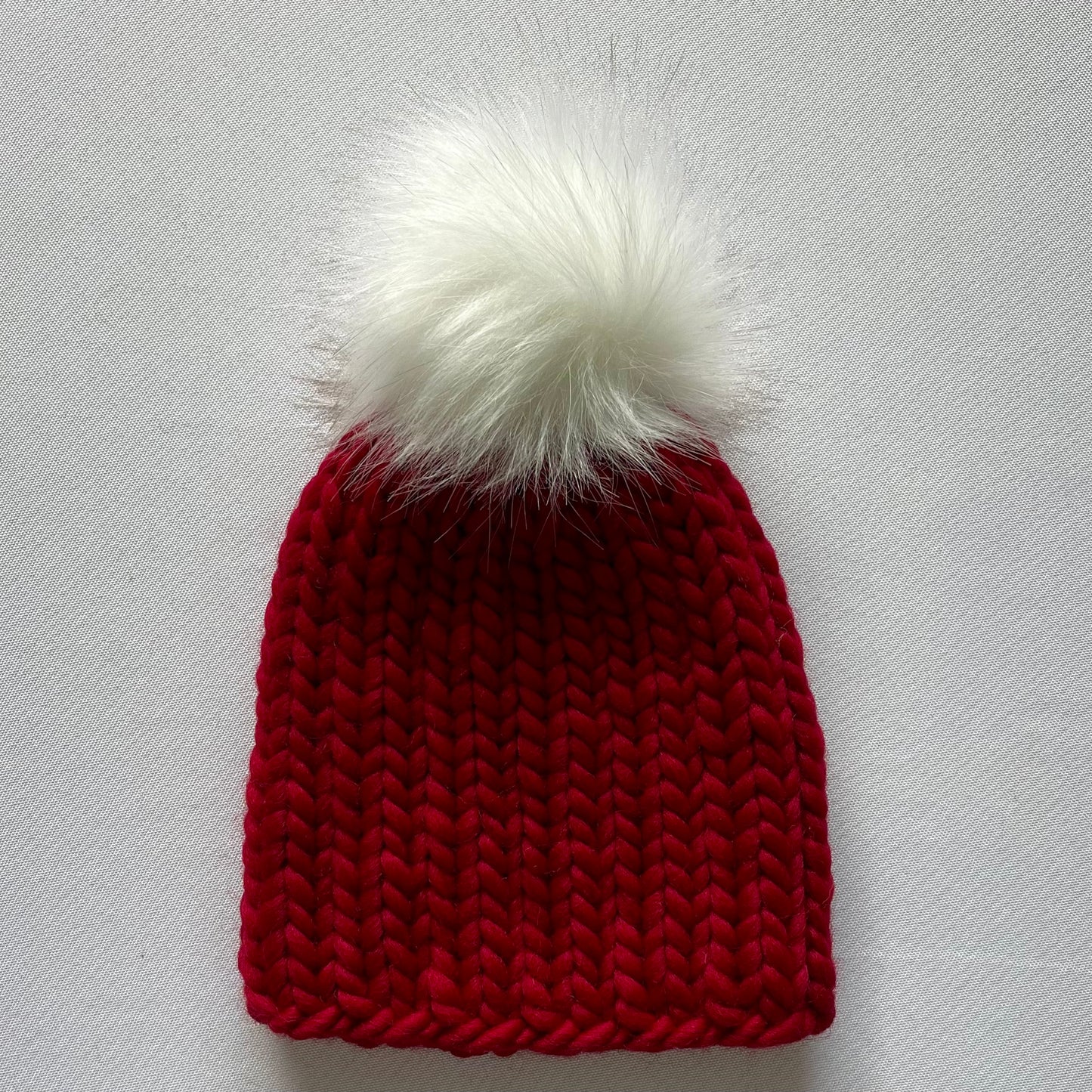 Red Peruvian Wool Baby Hat with Faux Fur Pom Pom