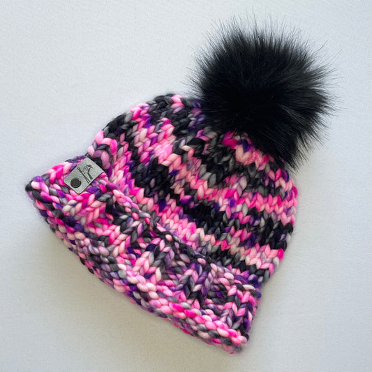 Hot Pink Merino Wool Knit Hat with Faux Fur Pom Pom