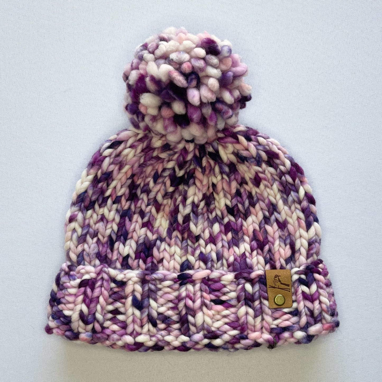 Purple and White Luxury Merino Wool Knit Hat with Matching Merino Wool Pom Pom