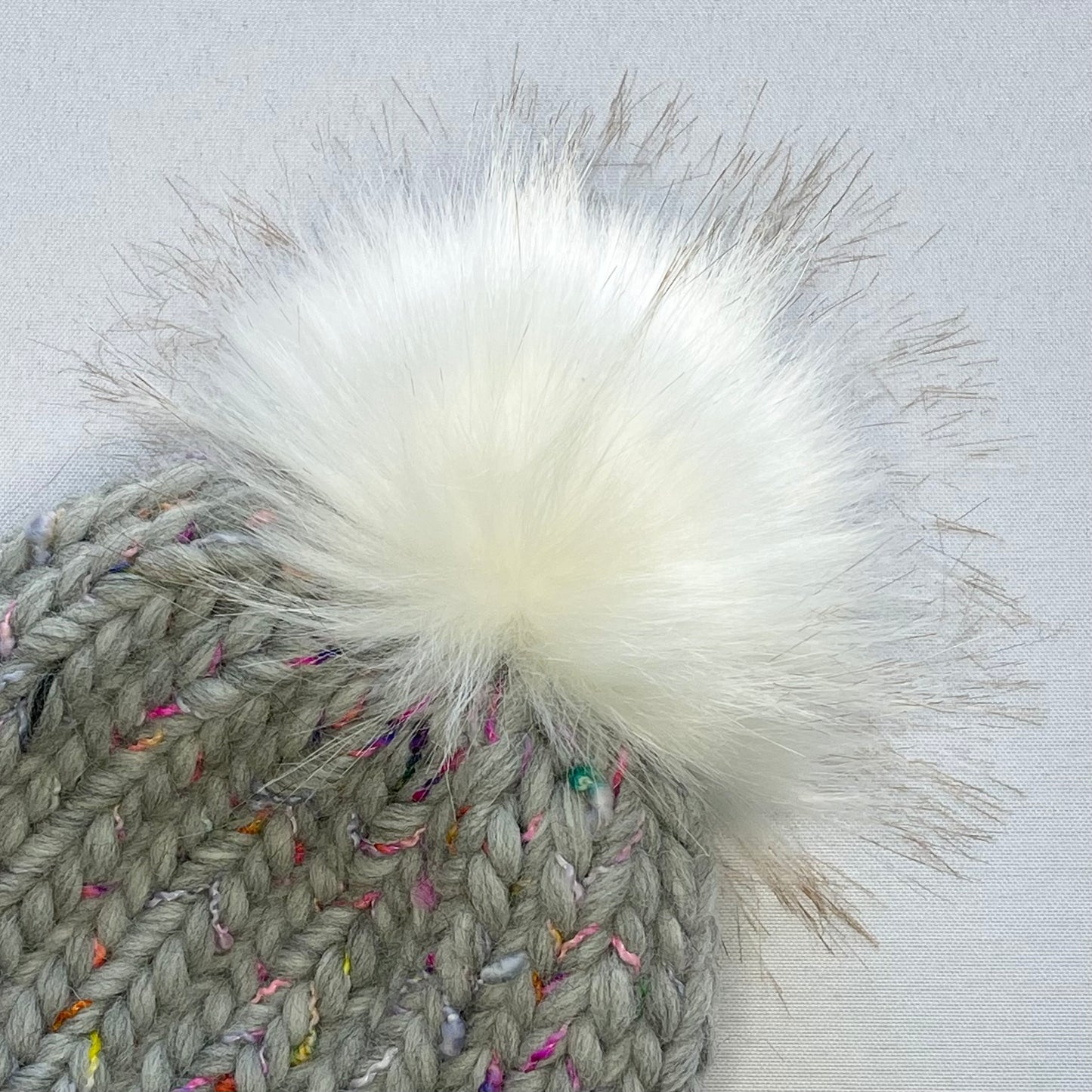 Grey Multi-Color Peruvian Wool Knit Hat with Faux Fur Pom Pom