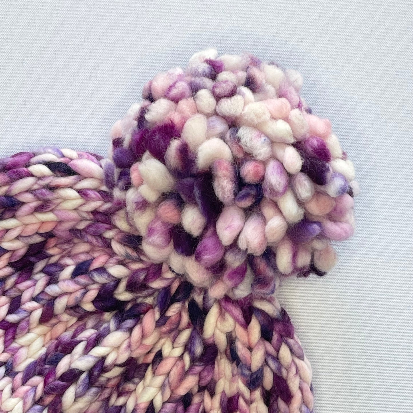 Purple and White Luxury Merino Wool Knit Hat with Matching Merino Wool Pom Pom