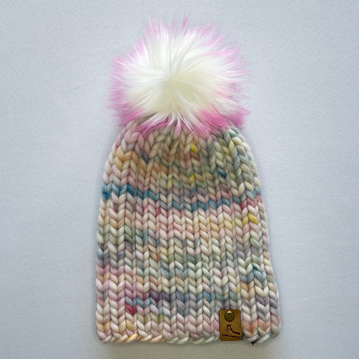 Pastel Rainbow Peruvian Wool Knit Hat with Faux Fur Pom Pom