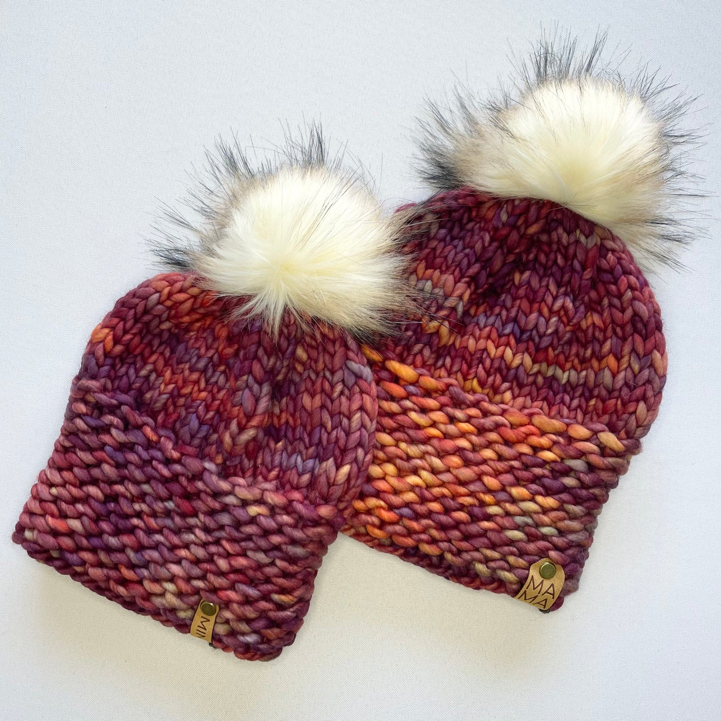 Red Multi-color Luxury Merino Wool Knit Adult and Child Hat Set