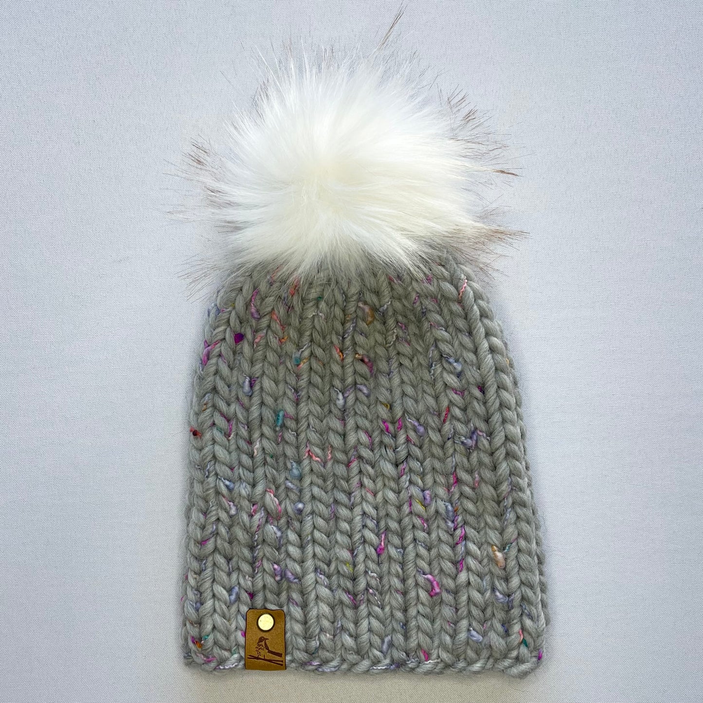 Grey Multi-Color Peruvian Wool Knit Hat with Faux Fur Pom Pom