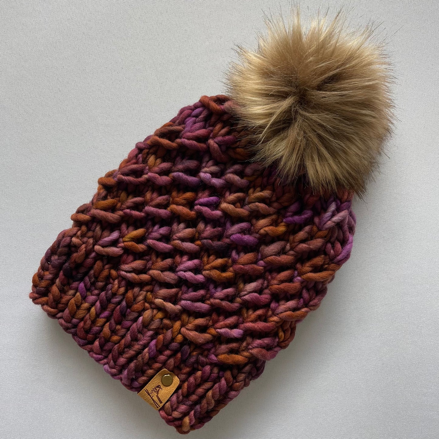 Brown and Purple Luxury Merino Wool Knit Hat with Faux Fur Pom Pom