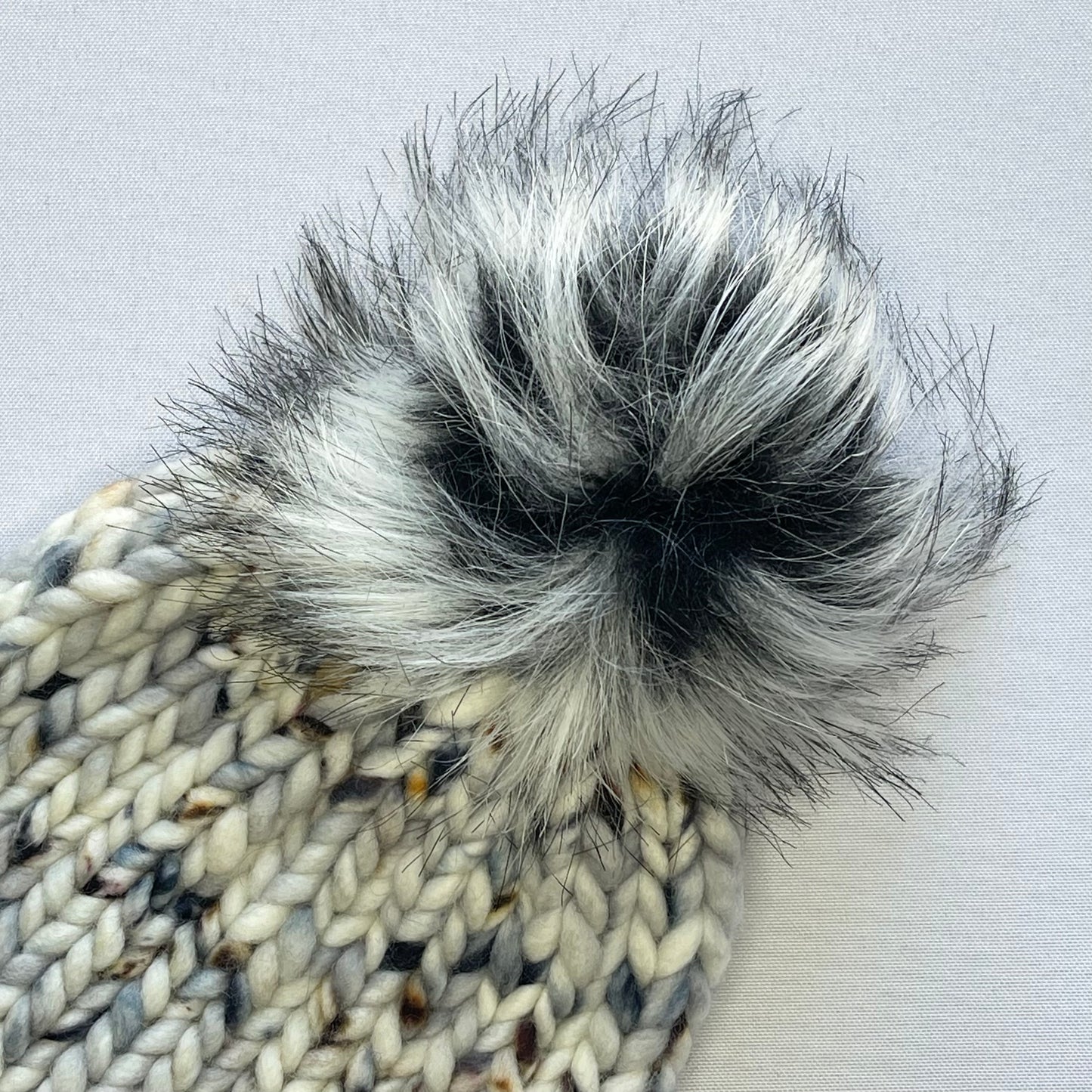 White Multi-Color Merino Wool Knit Hat with Faux Fur Pom Pom