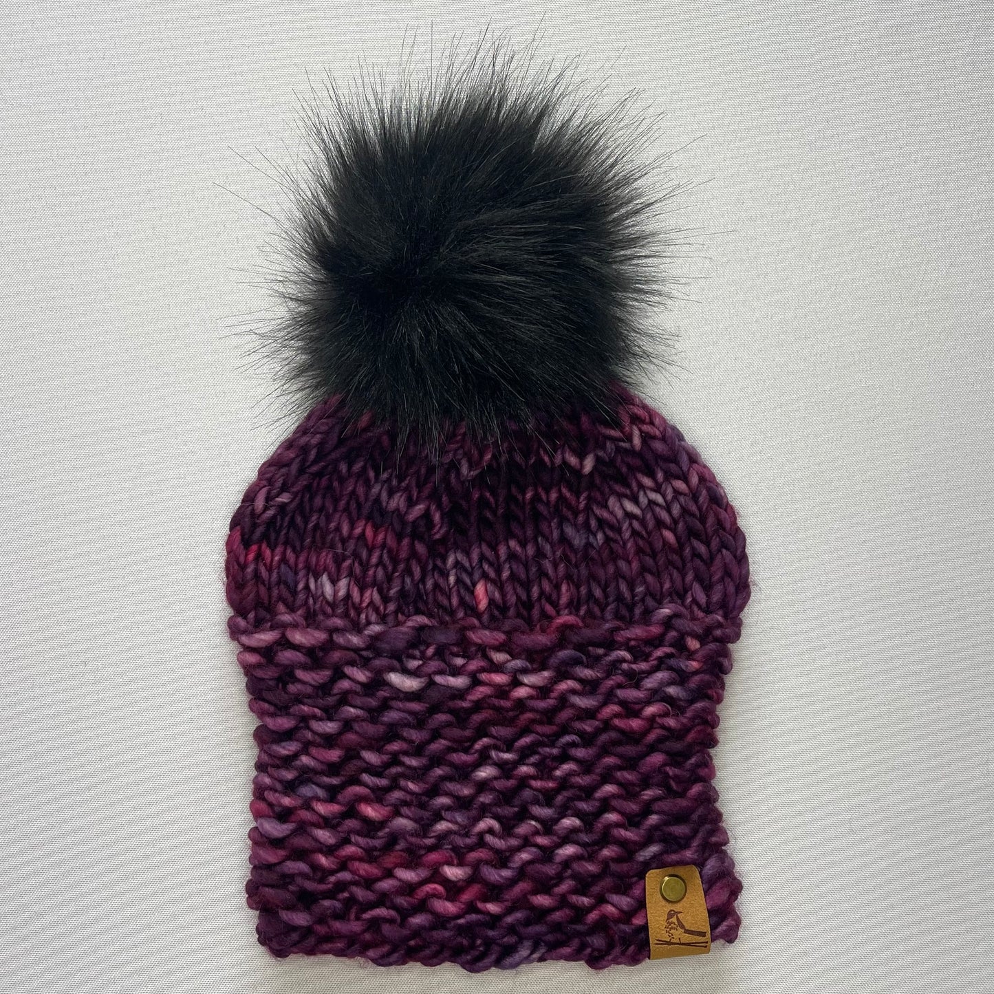 Maroon Luxury Merino Wool Knit Hat with Faux Fur Pom Pom