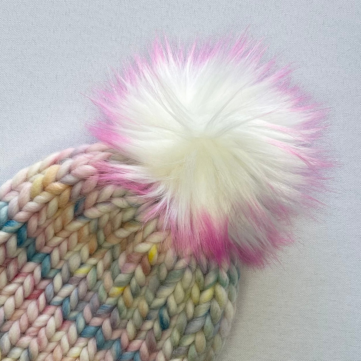 Pastel Rainbow Peruvian Wool Knit Hat with Faux Fur Pom Pom