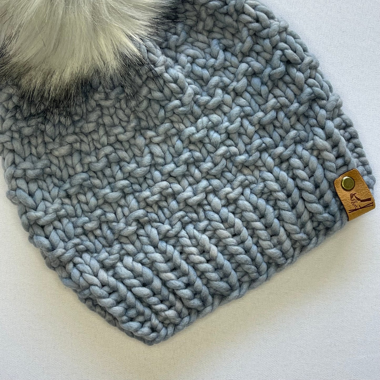 Grey Luxury Merino Wool Knit Hat with Extra Large Faux Fur Pom Pom