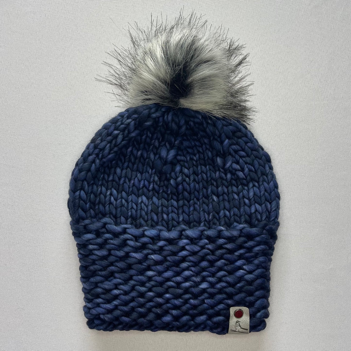 Navy Luxury Merino Wool Knit Hat with Faux Fur Pom Pom