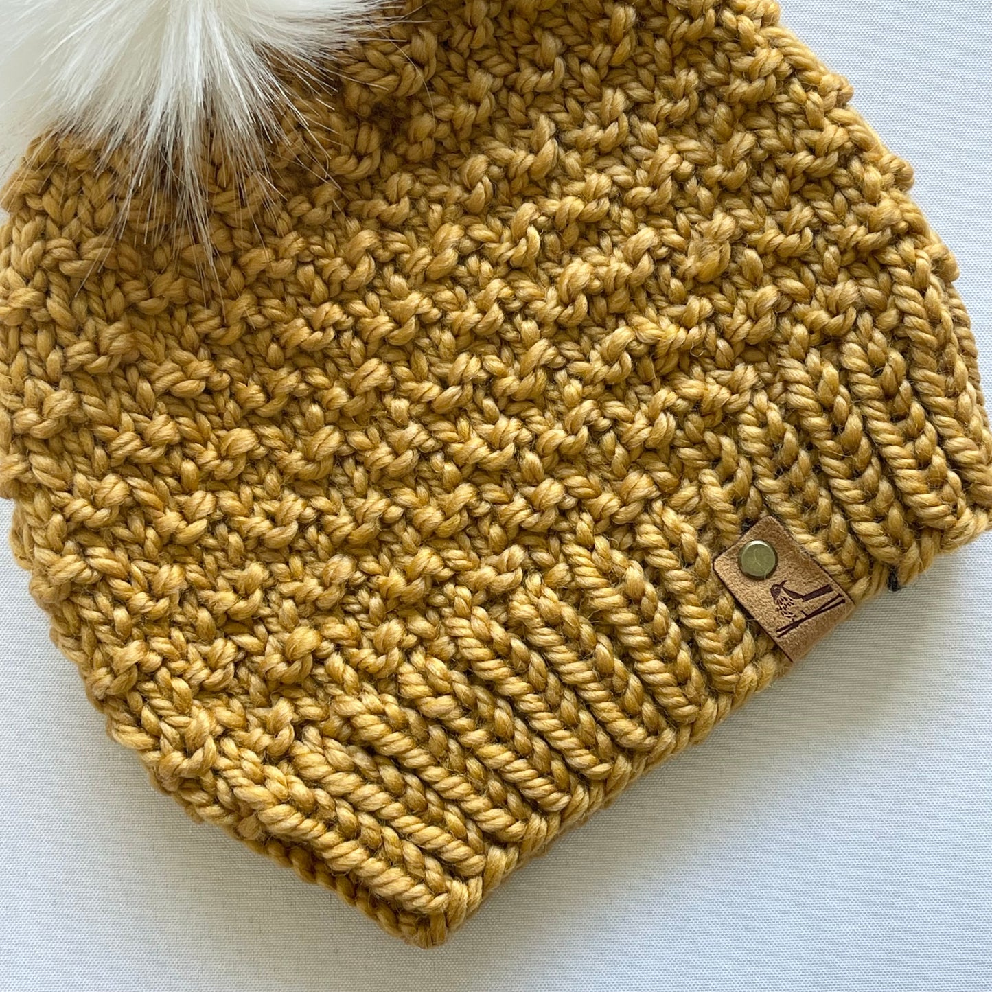 Yellow Ochre Knit Hat with Faux Fur Pom Pom