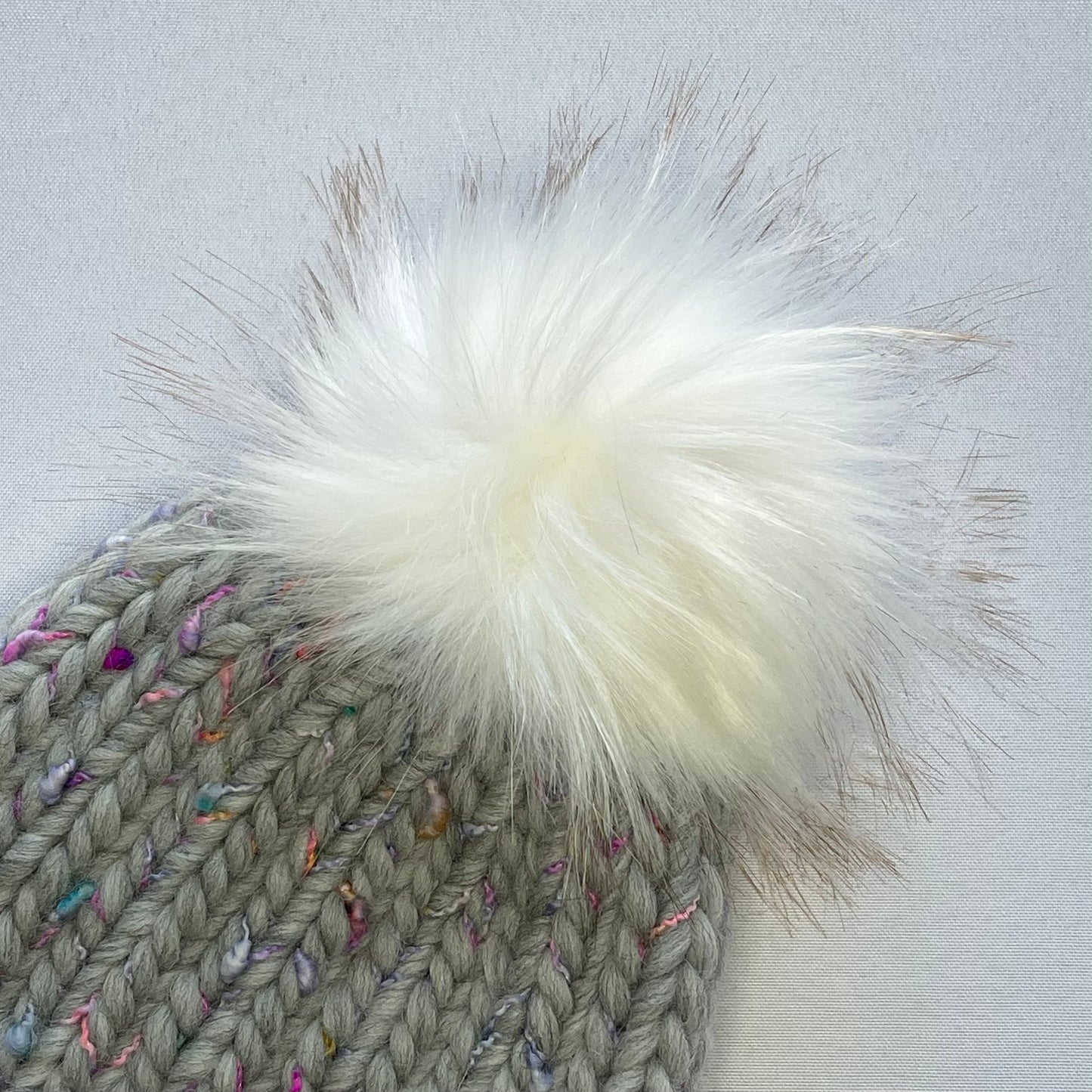 Grey Multi-Color Peruvian Wool Knit Hat with Faux Fur Pom Pom