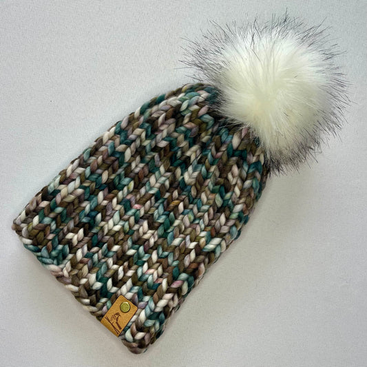 Brown Multi Color Luxury Merino Wool Knit Hat with Faux Fur Pom Pom