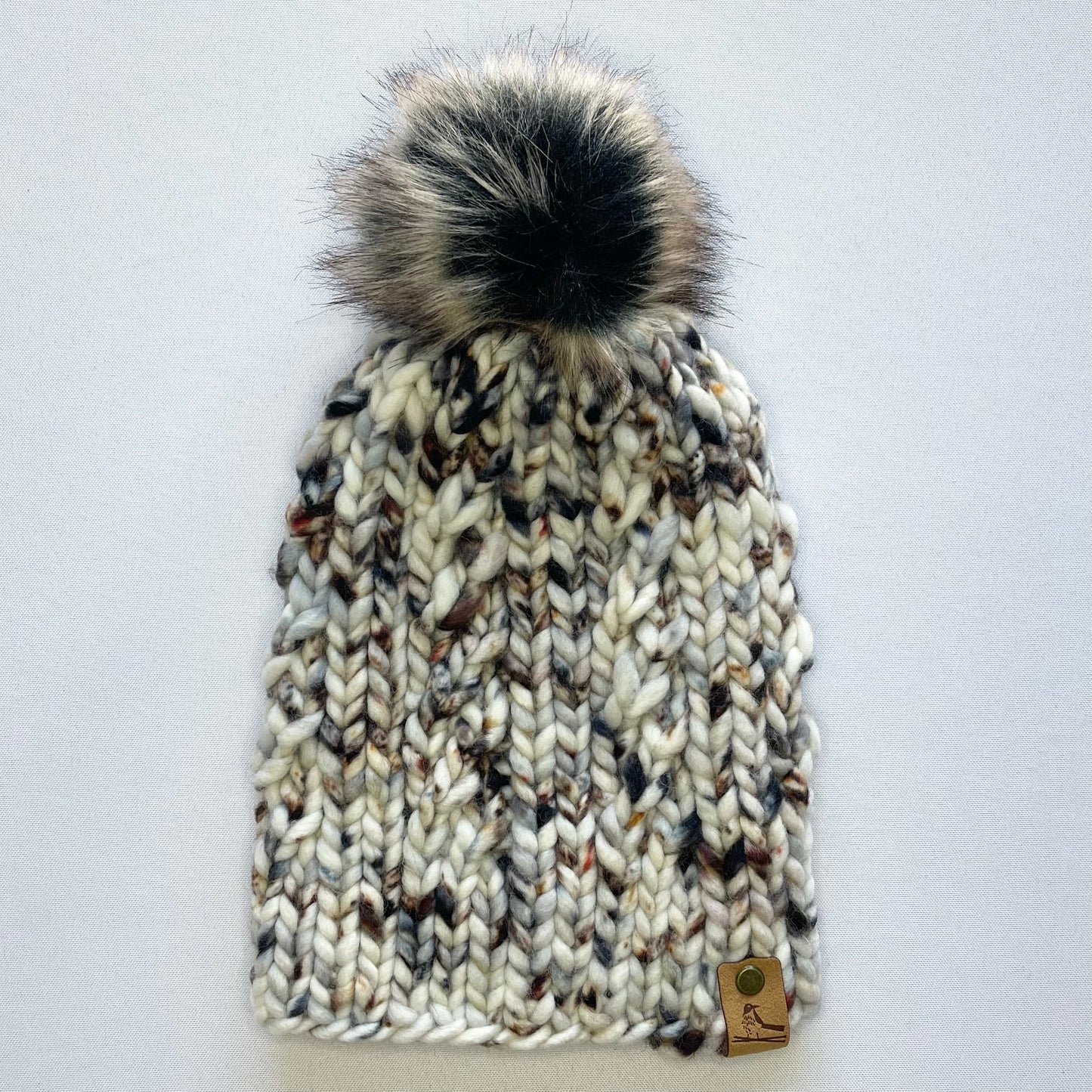 White Multi-Color Merino Wool Knit Hat with Faux Fur Pom Pom