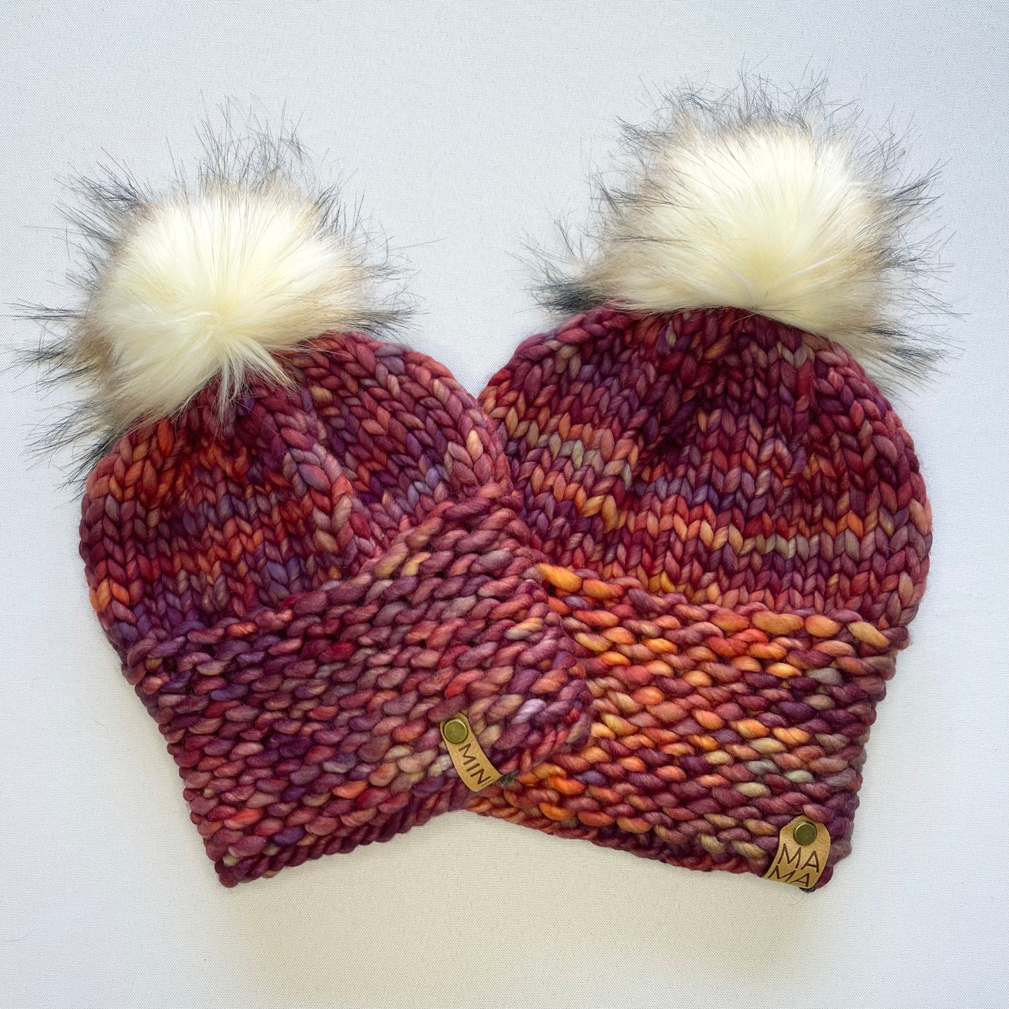 Red Multi-color Luxury Merino Wool Knit Adult and Child Hat Set