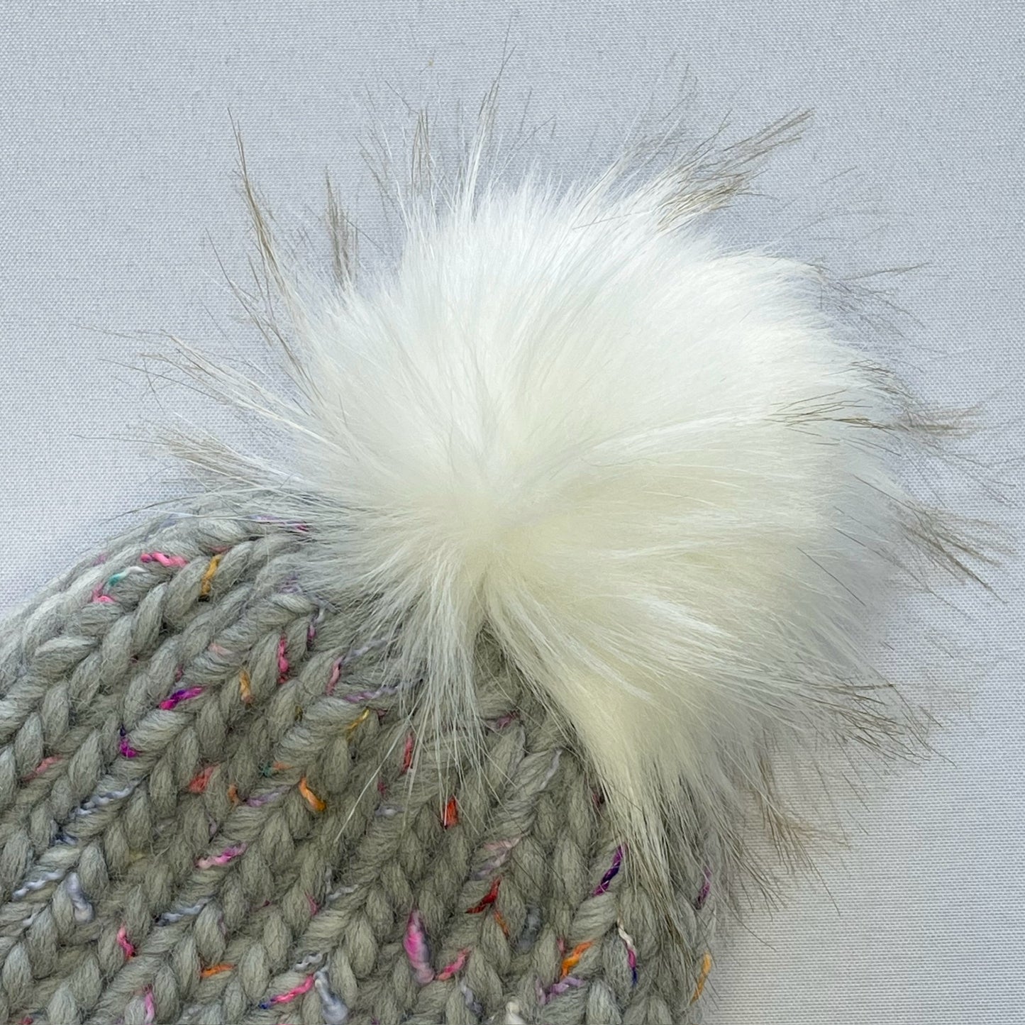 Grey Multi-Color Peruvian Wool Knit Hat with Faux Fur Pom Pom