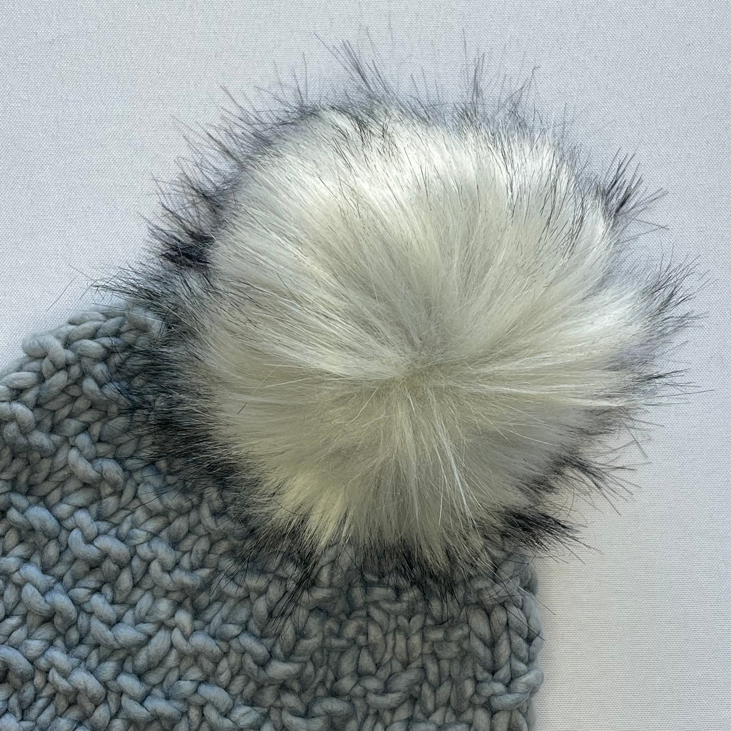 Grey Luxury Merino Wool Knit Hat with Extra Large Faux Fur Pom Pom