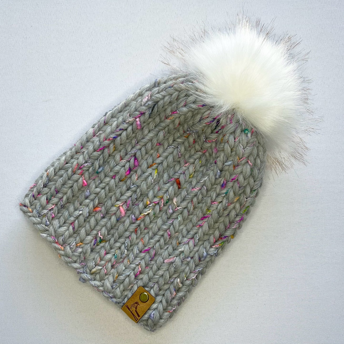 Grey Multi-Color Peruvian Wool Knit Hat with Faux Fur Pom Pom