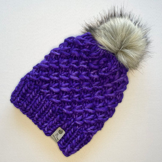 Purple Luxury Merino Wool Knit Hat with Faux Fur Pom Pom