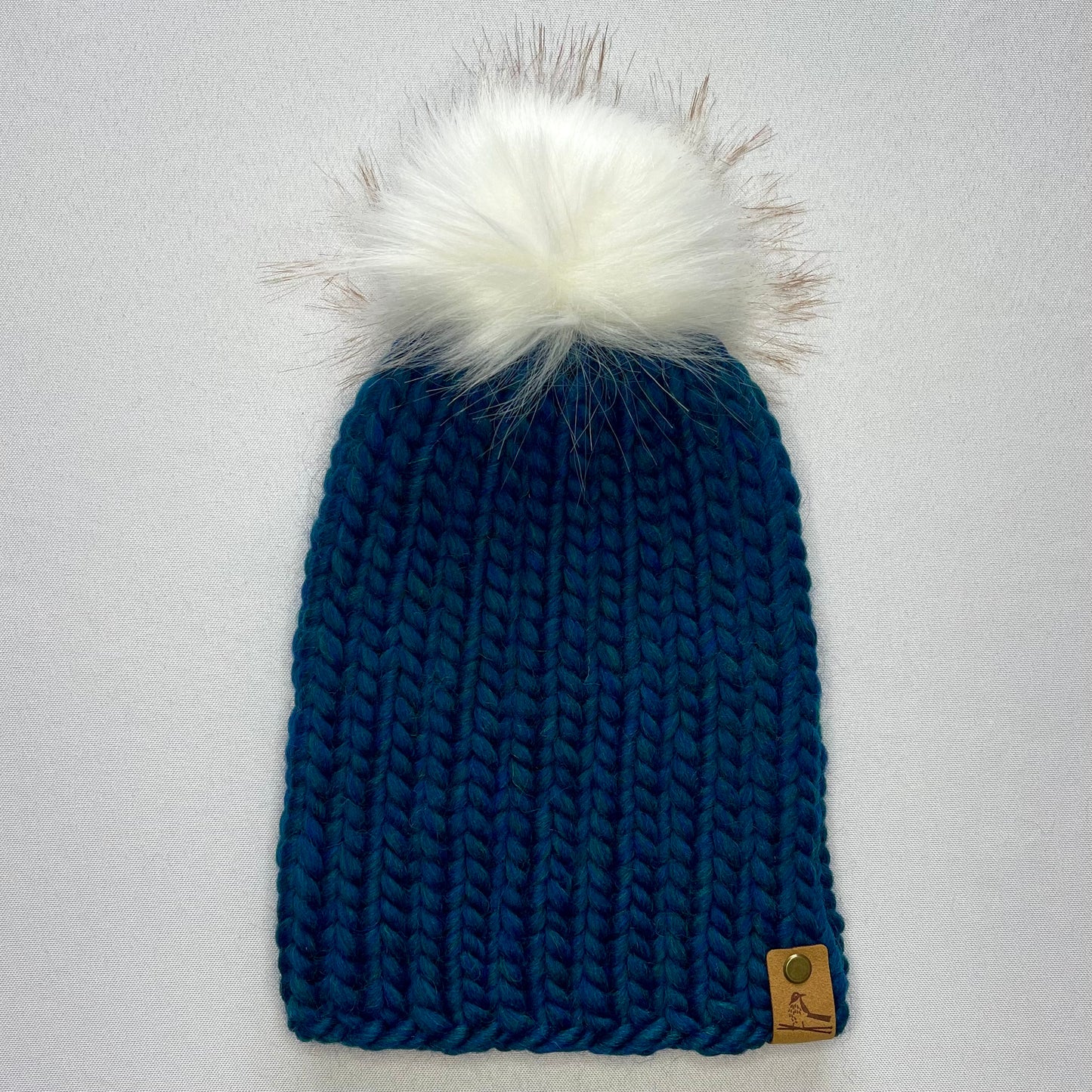 Blue Peruvian Wool Knit Hat with Faux Fur Pom Pom