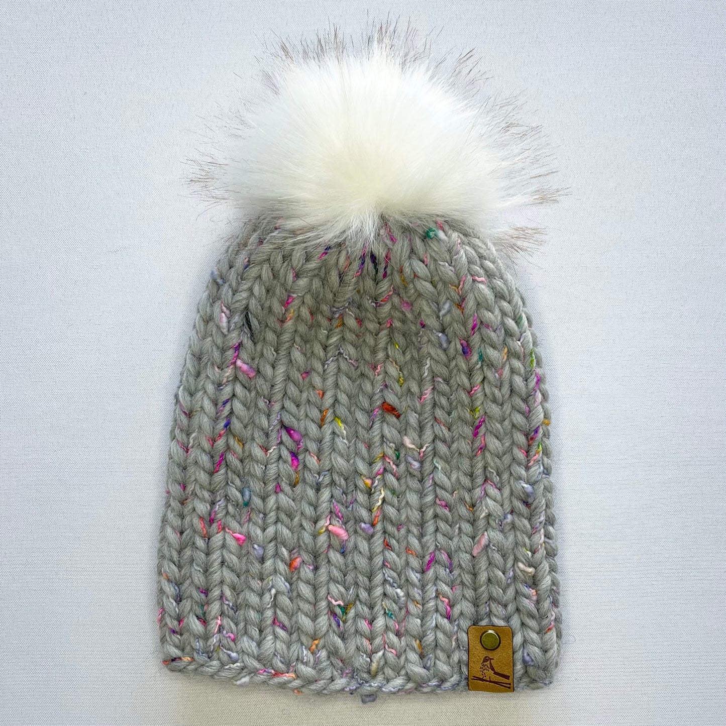 Grey Multi-Color Peruvian Wool Knit Hat with Faux Fur Pom Pom