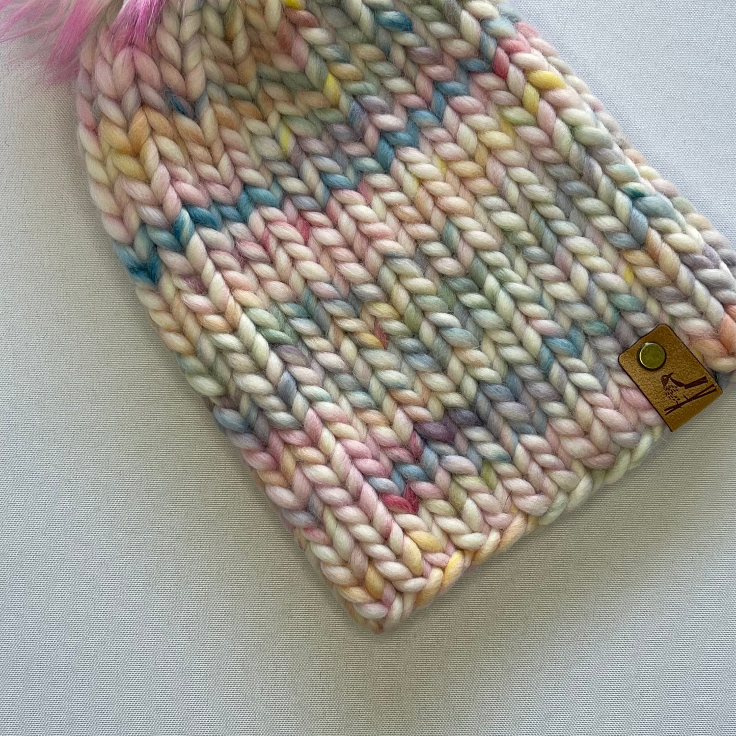 Pastel Rainbow Peruvian Wool Knit Hat with Faux Fur Pom Pom