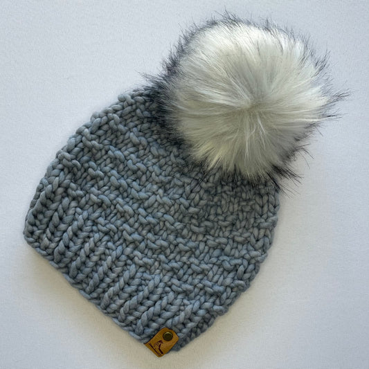 Grey Luxury Merino Wool Knit Hat with Extra Large Faux Fur Pom Pom