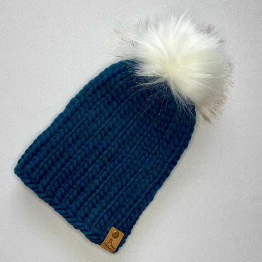 Blue Peruvian Wool Knit Hat with Faux Fur Pom Pom